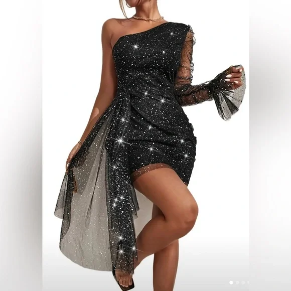 Black One Shoulder Sequin Mesh Overlay Bodycon
Dress - Picture 2 of 8